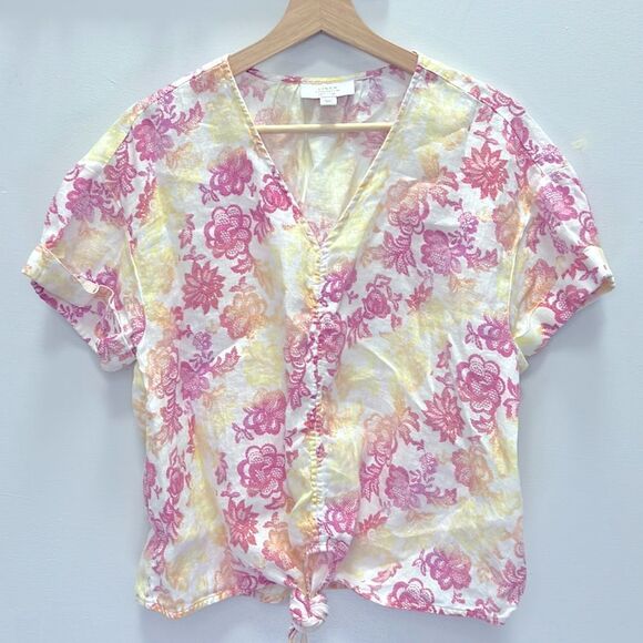 Charter Club White Pink Yellow Linen Luxury Short Sleeve Tie Front Top Size L - Picture 1 of 6